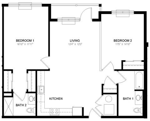 Floor plan for 2 beds, 2 baths, 1021 sqft